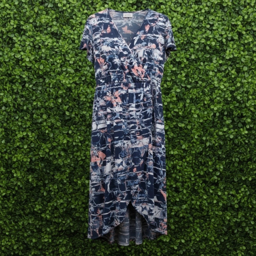 Elie Mclarty Women's 1X Wrap Maxi Dress Blue Coral Floral V-Neck Hi Low Hem